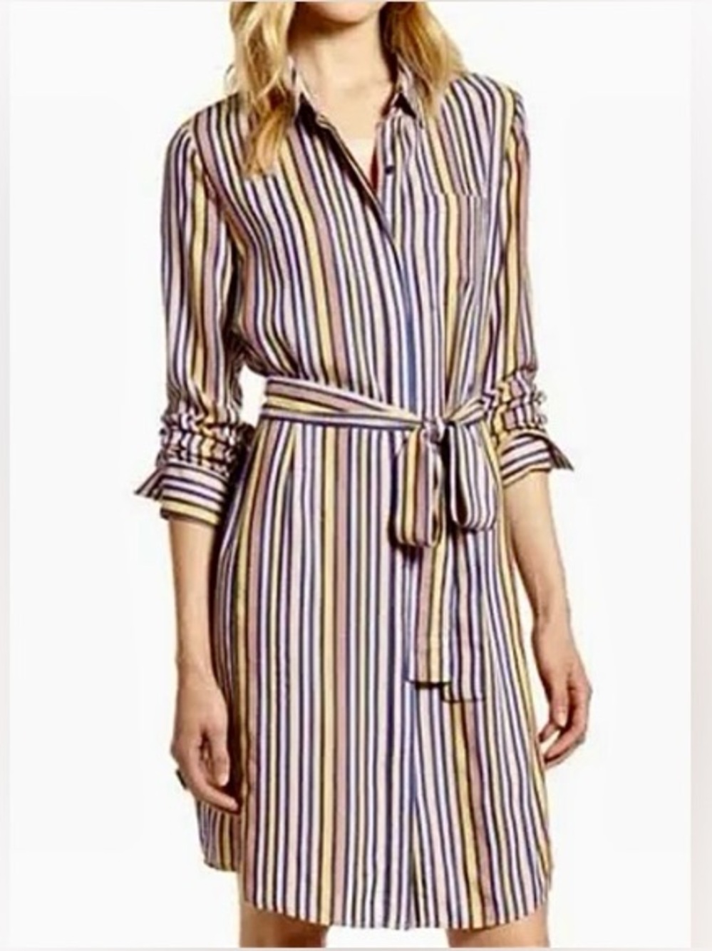 Halogen Vertical Stripe Button-Down Shirt Dress in Yellow, Black & Pink